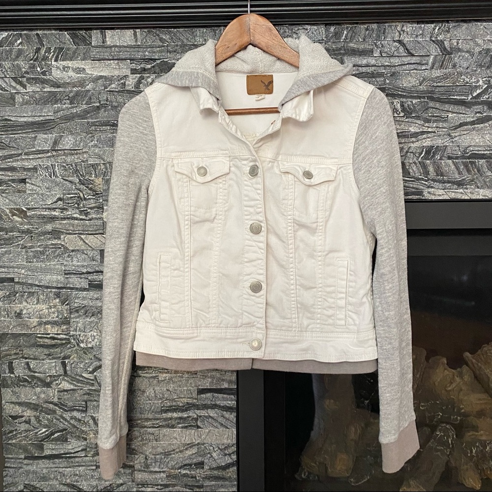American Eagle Outfitters Jean Jacket with Hood, White and grey